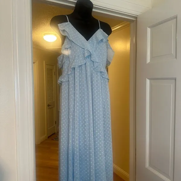 CHELSEA 28 Light Blue Ruffle Neck Spaghetti Strap MIDI Dress size Medium EUC - Image 12