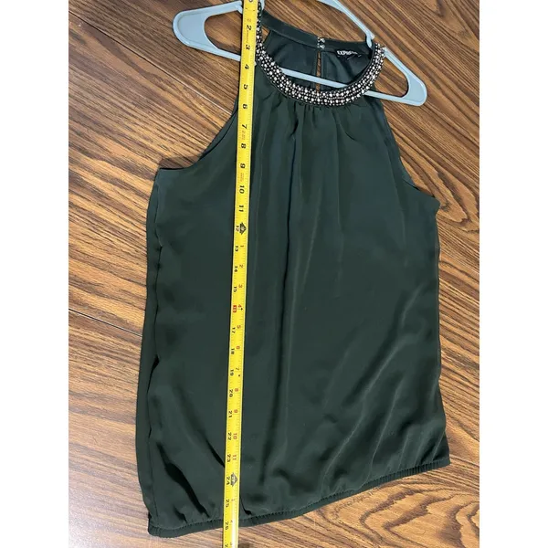 Express Hunter Green Sleeveless Halter Top with Embellished Neckline Medium - Image 6