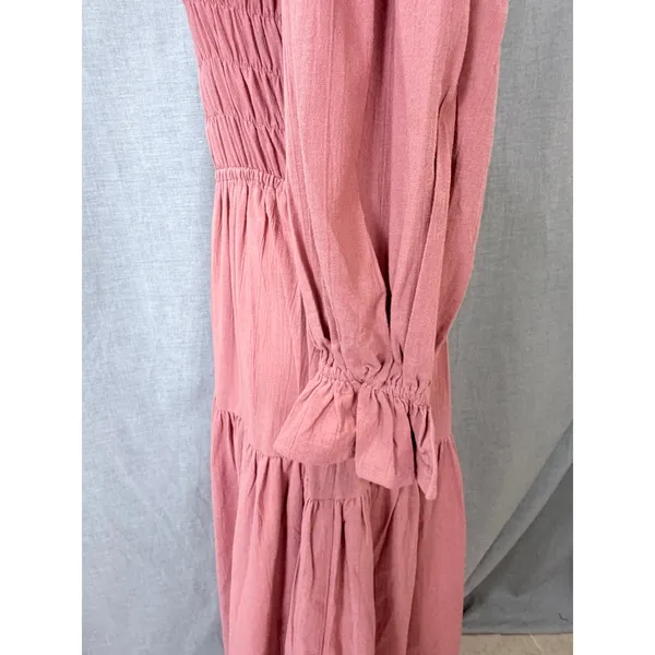 BALILN Dusty Pink Linen Maxi Dress Smocked Long Puff Sleeve Tiered Boho XL - Image 10