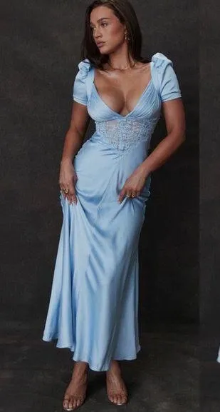 House Of CB NWOT 'Rafaela' Soft Blue Pure Silk & Lace Dress. Size XL - Image 3