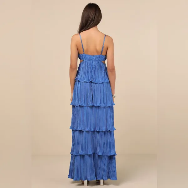 LULU’S Kanya Blue Satin Plisse Tiered Maxi Dress - Image 5