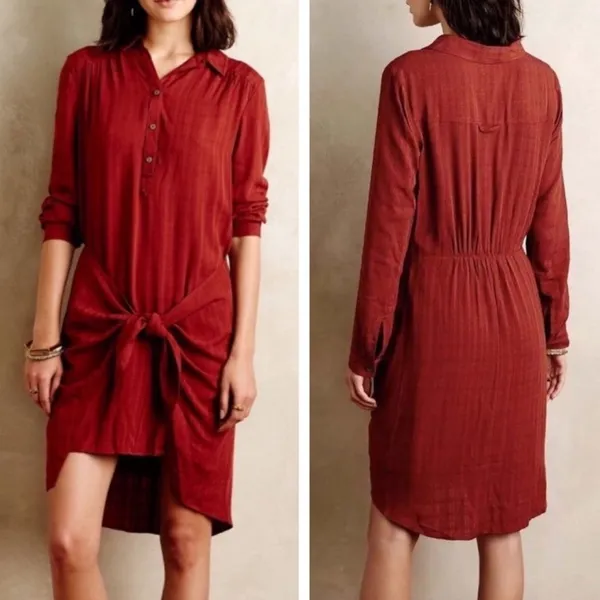 Maeve Anthropologie Bloomsbury Tie Waist Shirt Dress Rust Orange Size 6 - Image 2