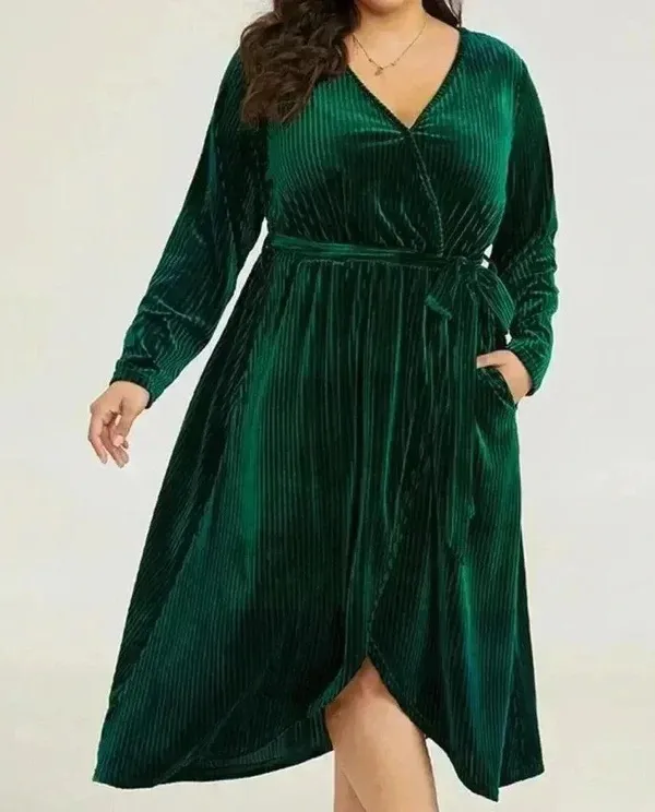 NWT!Dark green rib velvet wrap hem wrap pocket belt dress Size 12 or Large - Image 3