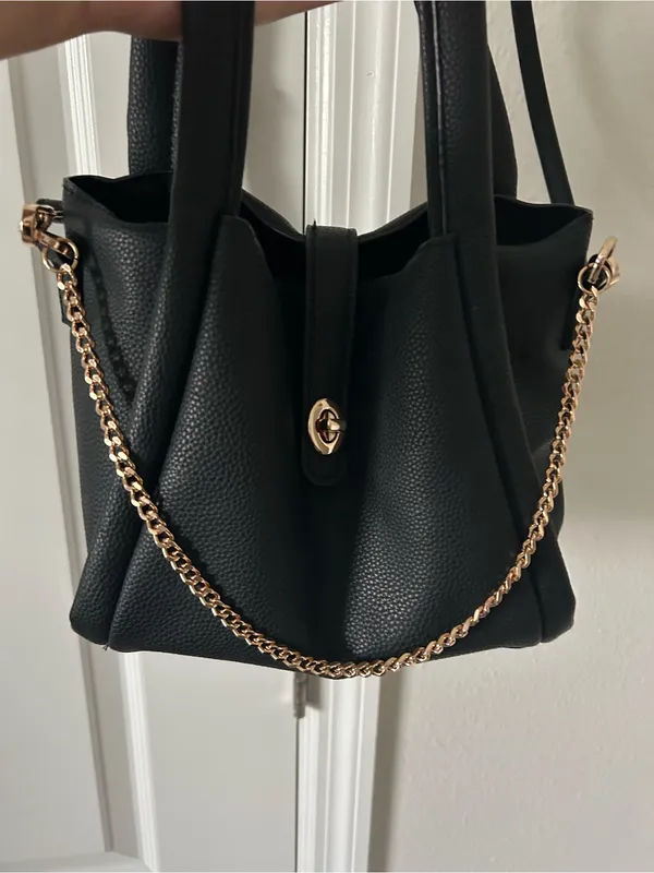 a New Day Mini Sophie Crossbody Tote Bag Black Pebbled Faux Leather Gold Chain - Image 2