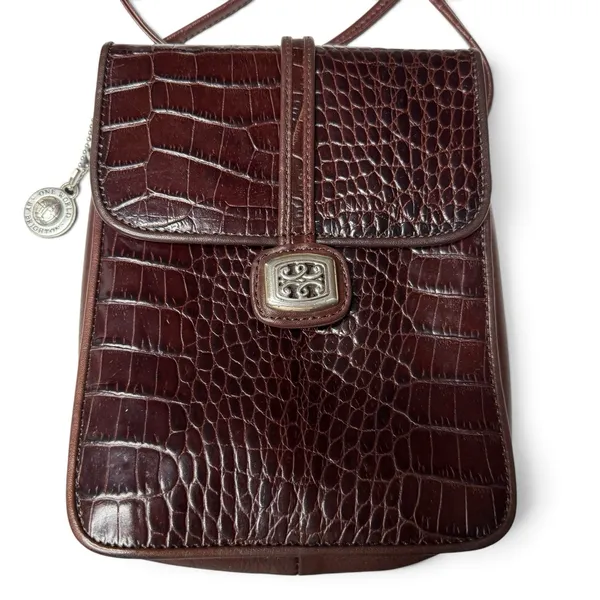 Brighton Oxblood Leather Vtg Croc Embossed Crossbody Bag Silver Buckle & Charm - Image 2