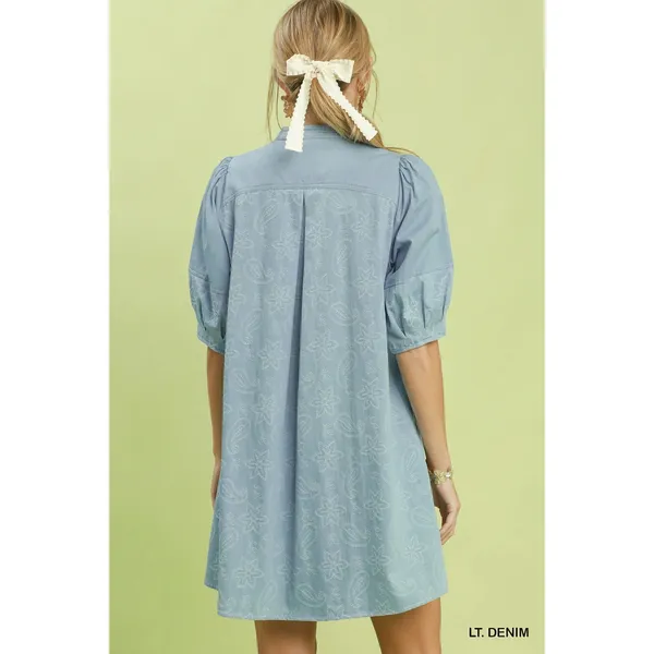 Umgee Print Denim Dress with Contrast Stitch - Small - Image 3