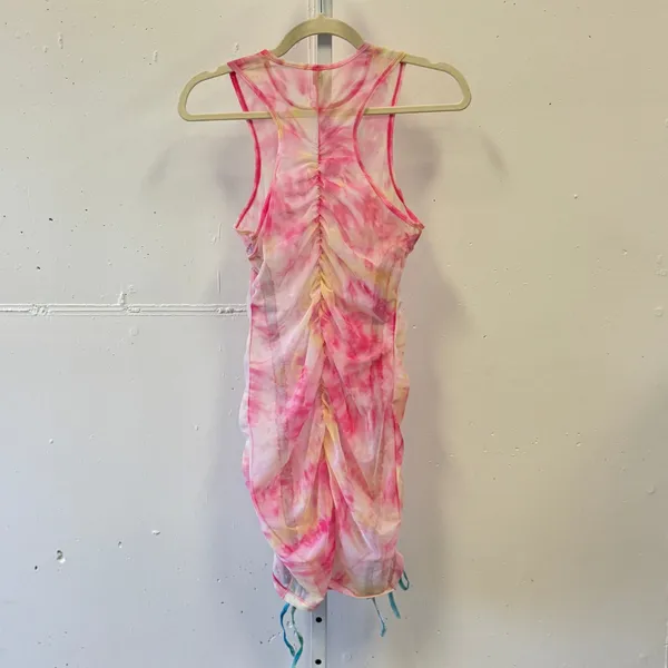 Oh Polly Tie-Dye Sheer Bodycon‎ Mini Sleeveless Dress Pink Medium Cinched Hem - Image 2