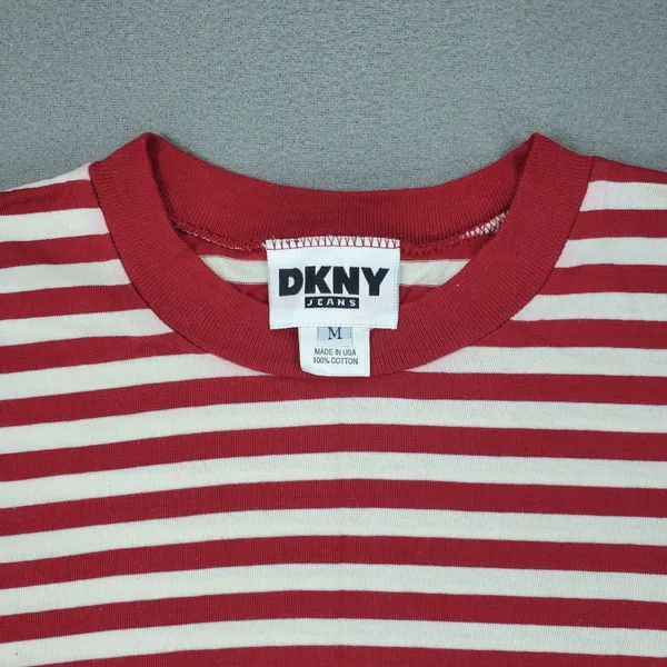 DKNY Jeans T-Shirt Women M Red White Striped Vintage 90s Made in USA Cotton Tee - Image 2