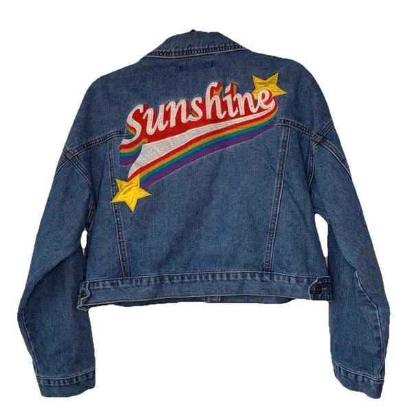 Y2k Sunshine Stars Embroidered Denim Jean Jacket Size Medium‎ Cropped - Image 2