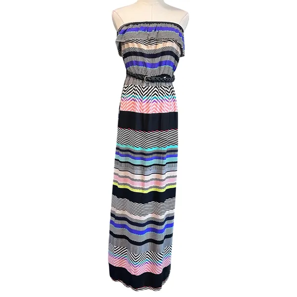 TRIXXI Maxi Dress Large w/ Belt Tube Top Y2K Artsy Patchwork Ruffle Blouson - Image 2