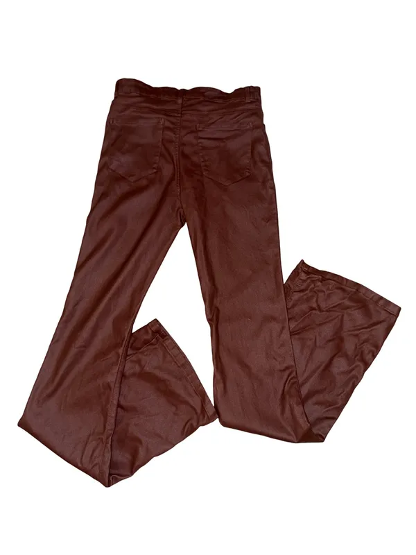 Edikted Brown Coated High Rise Flare Pants Size L Faux Leather Look Y2K - Image 2