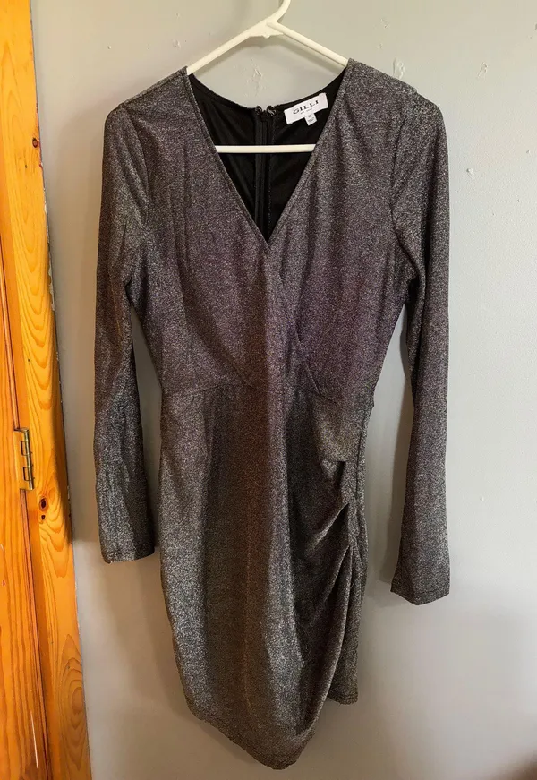 Gilli Asymmetrical Silver Sparkle Bodycon Dress Size M - Image 2