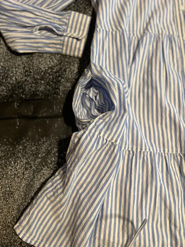 Womens large beachlunchlounge blue/white striped long sleeve tiered shirt dress. - Image 6