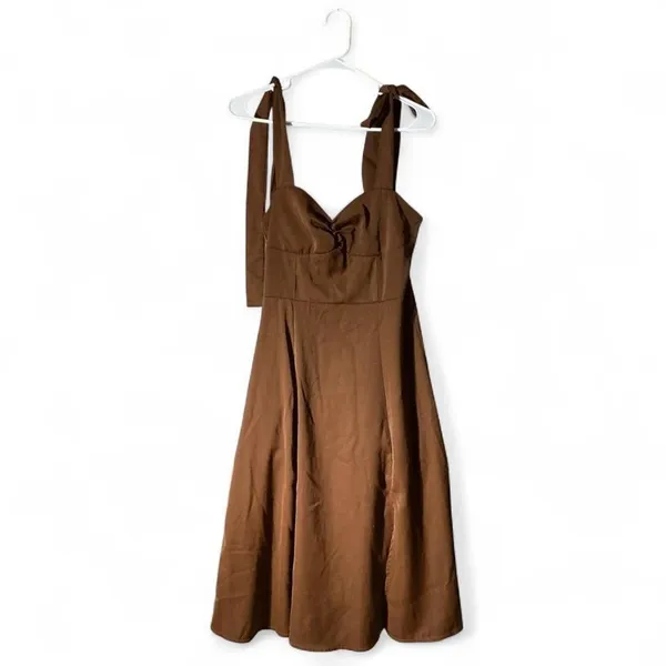 Rosedress Brown Tie Shoulder Sweetheart Midi Coquette Dress‎ with Slit Size S - Image 2