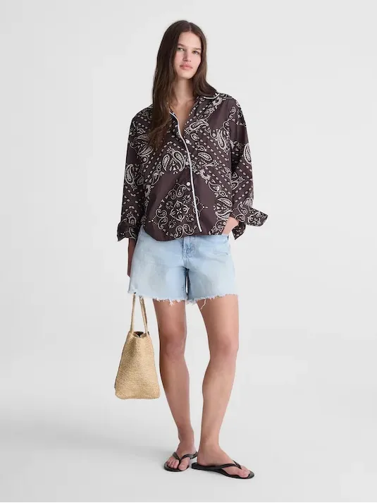 Madewell The Signature Y-Neck Shirt Chocolate Plum Bandana Print Size Medium NWT - Image 3