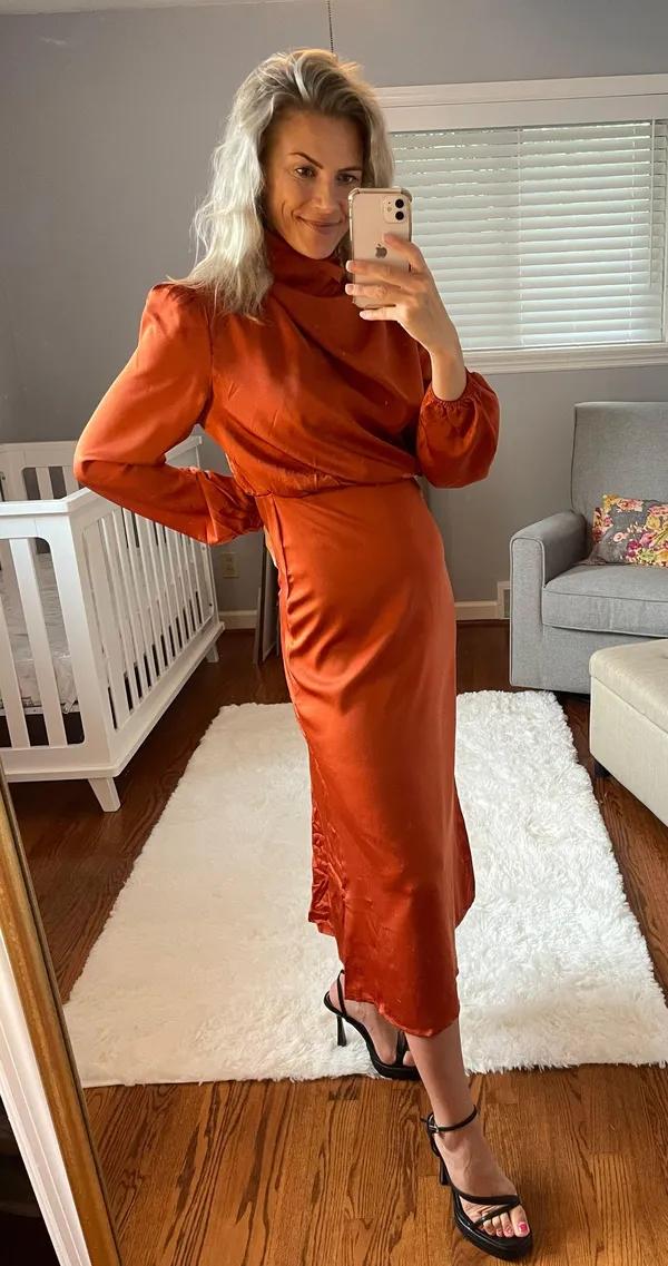 Satin Wedding Guest Dress Orange - Image 2
