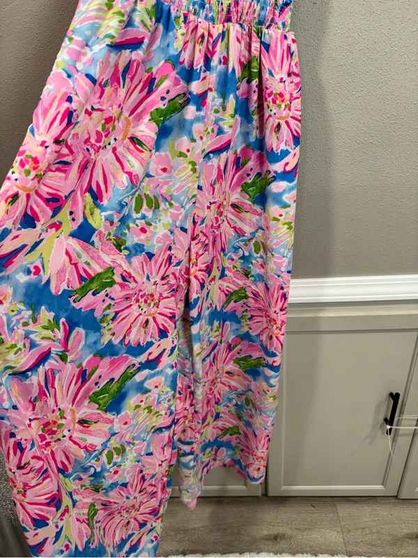 Smocked Floral Wide-Leg Jumpsuit in Pink & Blue - Image 4