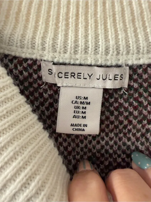 Sincerly Jules Cream Crewneck Sweater with Burgundy Chain & Pink Floral - Image 3