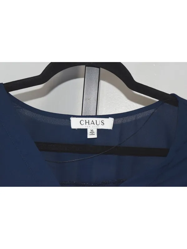 Chaus New York Navy Sheer Chiffon V Neck Blouse Womens XL Cap Sleeve - Image 3