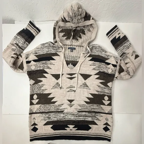 American‎ Eagle Outfitters Sweater Sz XS Hooded Aztec Brown Tan Pullover Knitted - Image 6