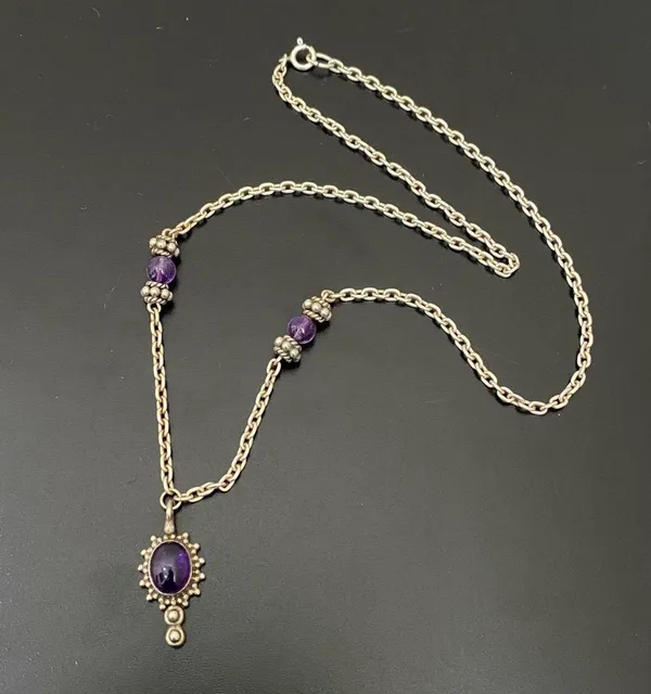 Vintage Handcrafted 925 Sterling Silver Amethyst Cabochon Pendant 18” Necklace - Image 2
