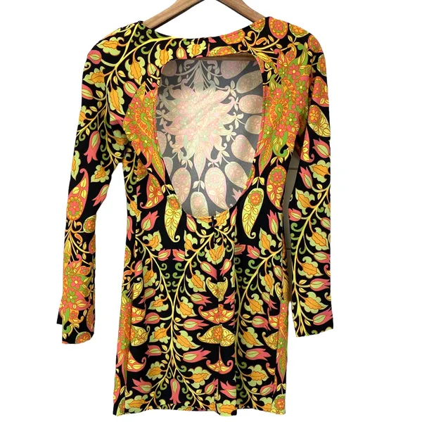Zara Womens XS Mini Bodycon Floral Paisley Dress Bell Sleeve Cutout Multicolor‎ - Image 3
