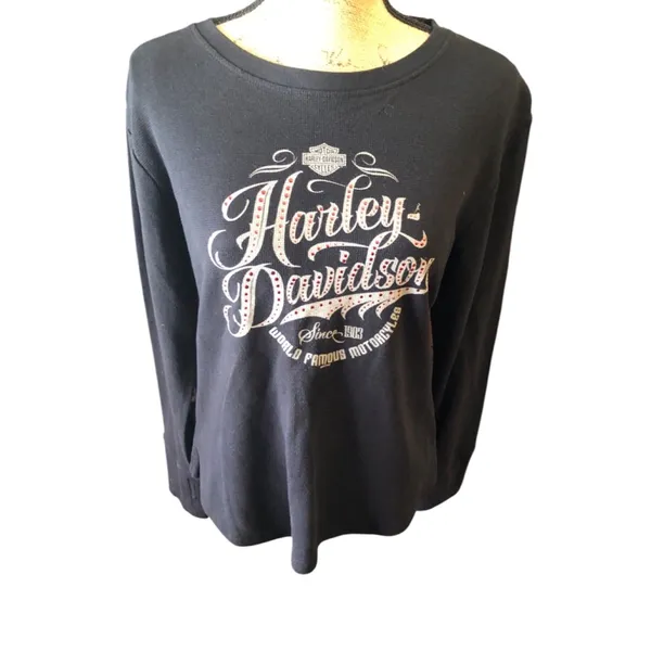 Harley-Davidson Long Sleeve Henley Top Size M Black - Image 2