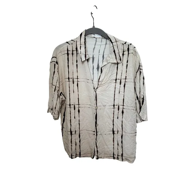 Zara Abstract Print Button Up Shirt Women’s M Beige Black Oversized Blouse - Image 2