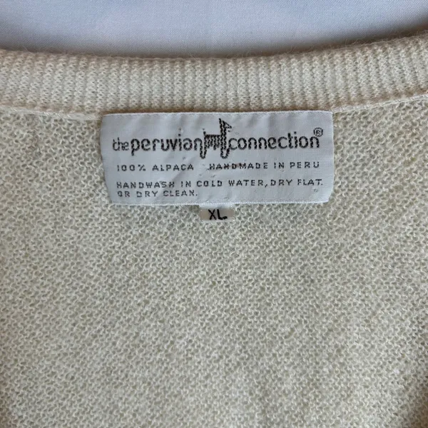 Peruvian Connection 100% Alpaca Handmade Cream V-Neck Cardigan Sweater XL - Image 3