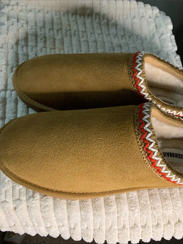 Cushionare Faux-Suede Cozy Slip-On Slippers in Camel with Trim - Image 8