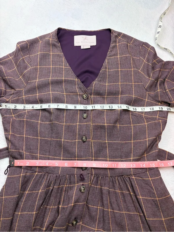 Gal Meets Glam Plaid Button Front Tie Waist Midi Dress US 12 Lined - Image 5