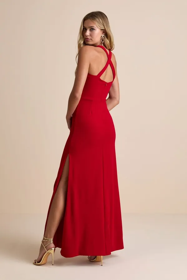 NWT Lulus Perfectly Demure Red Backless Column Maxi Dress Holiday Wedding Size S - Image 2