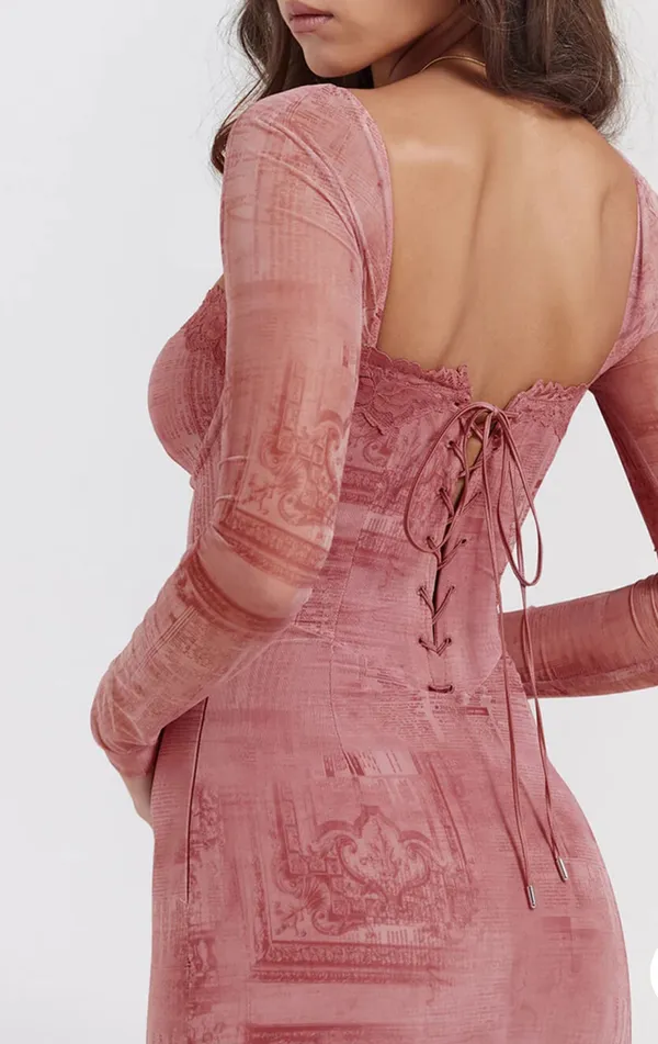Corset Mesh Midi Dress, pink retro print, fitted long sleeves, lace up back - Image 2