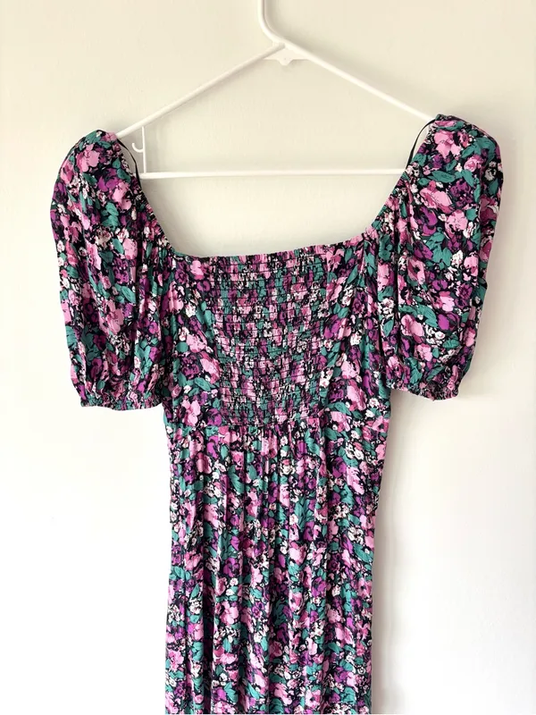 ASTR the Label Teal Purple Floral Puff Sleeve Midi Dress Ruched Slit Prairie - Image 10