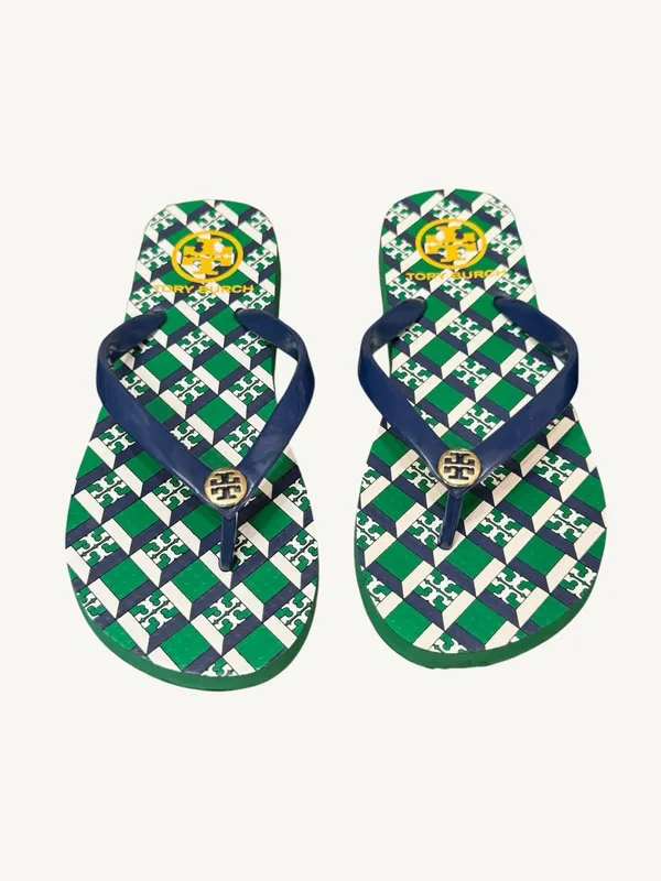 Tory Burch Green, Navy & White Check Logo Flip Flops Size 5 NWOT - Image 11