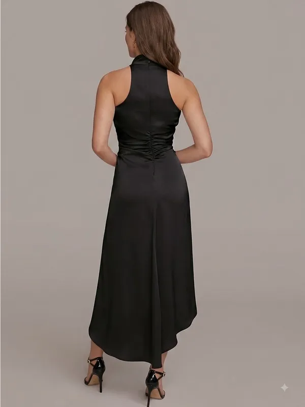Donna Karan New York Black Satin Halter Midi Dress Ruched Side Slit Size‎ 4 - Image 2