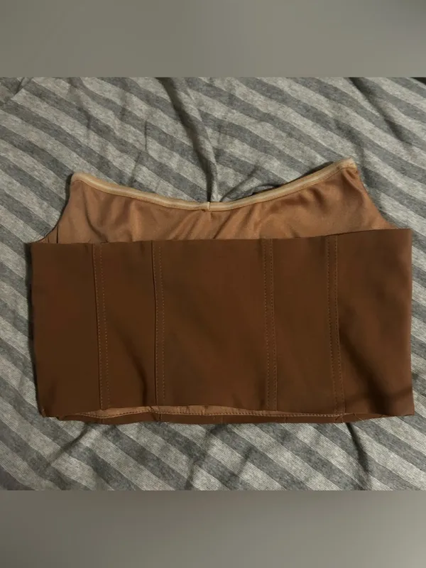 Tiger Mist Brown Strapless Paneled Crop Top - Image 2