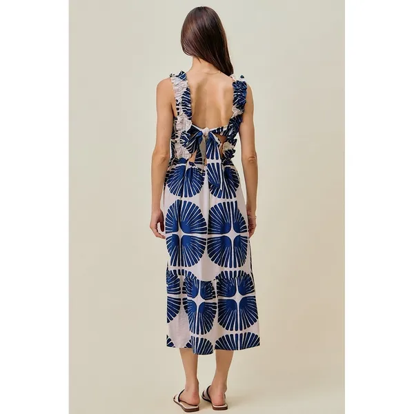SO ME Abstract Print Smocked Bodice Tiered Lined Midi Dress - Navy - Medium - Image 3