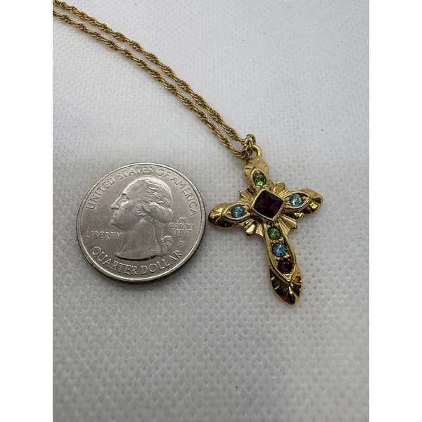 Vintage Premier Designs Gold Tone Multi Color Rhinestone Cross Necklace 18 Inch - Image 4