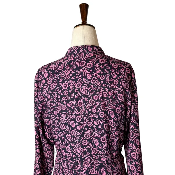Nanette Lepore Floral Midi Dress Women 8 Navy Blue Pink Long‎ Sleeve Belted Boho - Image 5