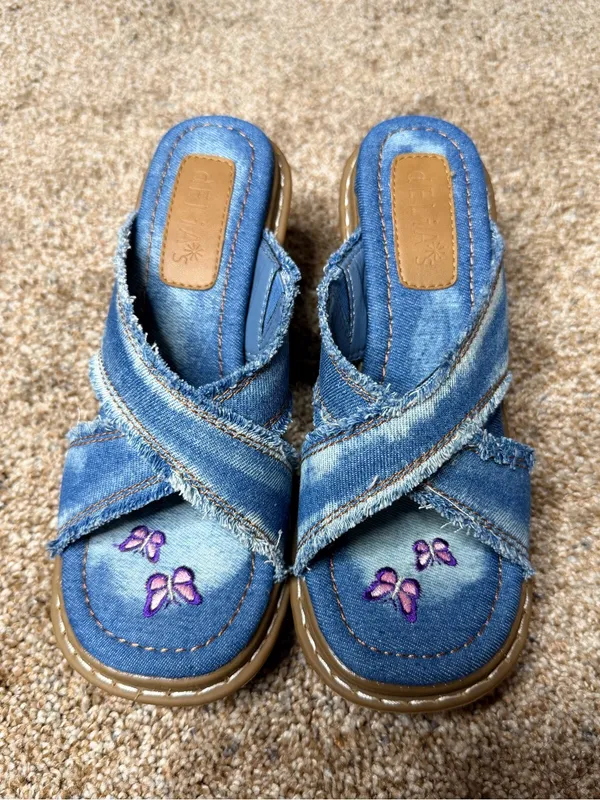 Delia's by Dolls Kill Star Worthy Cross Strap Slides 7 Denim Block Heel Sandals - Image 4