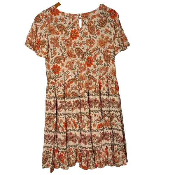 BOHO Paisley Babydoll Mini‎ Dress Size XS Orange Ruffle Festival Western Cottage - Image 2