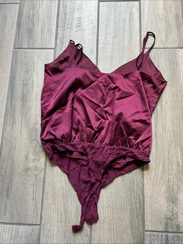Lulu's Deep Wine Satin Button-Front Bodysuit - Image 3