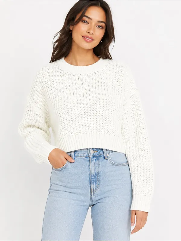 Women’s Cream Chunky Knit Sweater Size Small Short Cozy Ribbed Pullover - Image 3