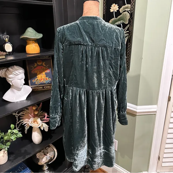 Anthropologie Holding Horses Green Crushed Velvet Babydoll Shirt Dress Size Smal - Image 8