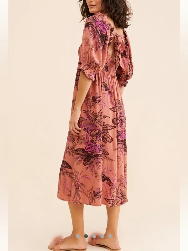 Anthropologie Smocked Puff Sleeve Midi Dress Tropical‎ Print - Image 2