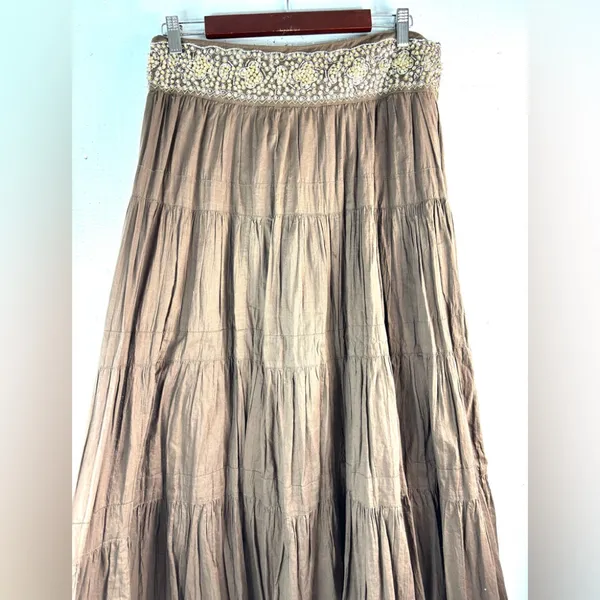 BCBGMaxAzria S Cotton Tiered Brown Embellished Beaded Waist Midi Skirt - Image 7