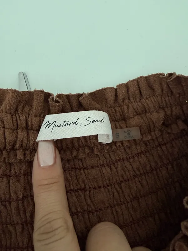 Mustard Seed Forest Fairy Coconut Girl Brown Faux Suede Smocked Waist Flare Shorts Size S - Image 3