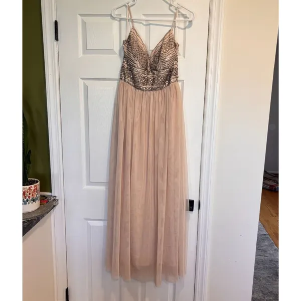 Altar'd State CYNDER Sequin Tulle Maxi Dress Women XS Champagne Formal Prom Gown - Image 3
