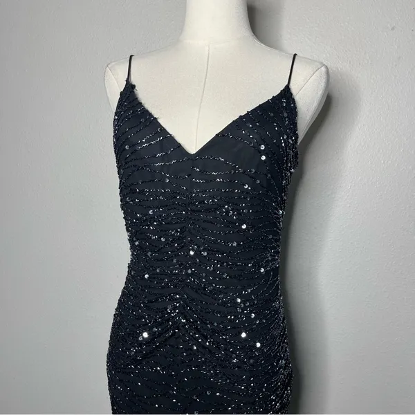 Vintage Scala Black Fully Beaded 100% Silk Whimsigoth Midi Evening Dress Wedding - Image 3
